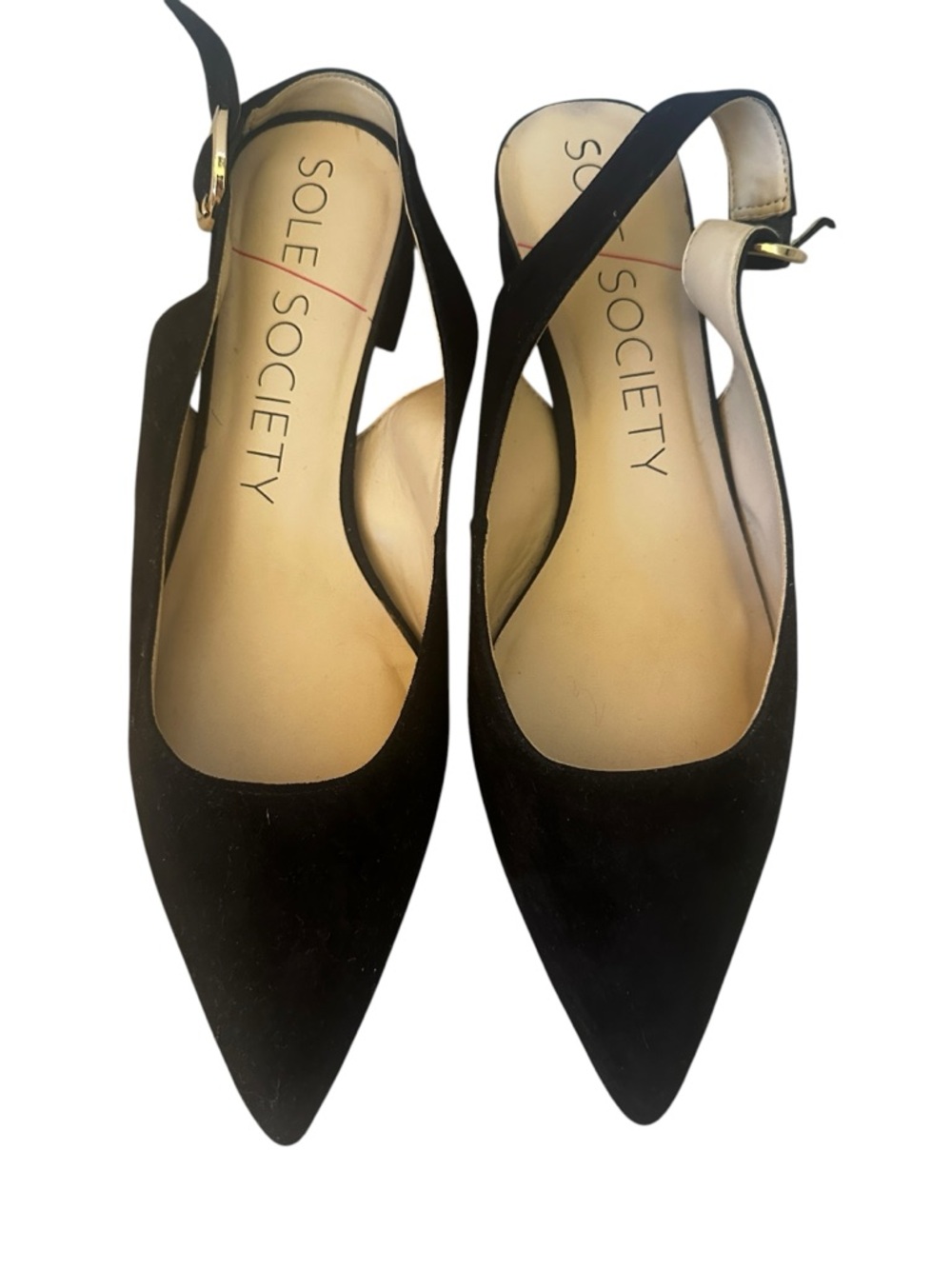 Sole Society Black Suede Pointed Slingback Flats with Gold Buckle Women’s Size 9